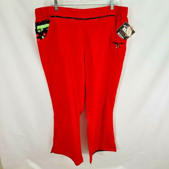 NWT Mary Engelbreit 2XP Petite Red Scrub Pants Cherries Cotton Poly - Picture 1 of 5